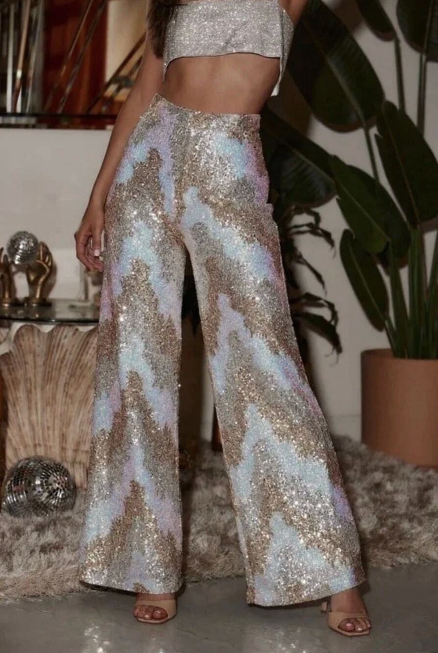 12TH TRIBE Genevieve Ivory Multi Sequin Wide Leg Trousers Size S
